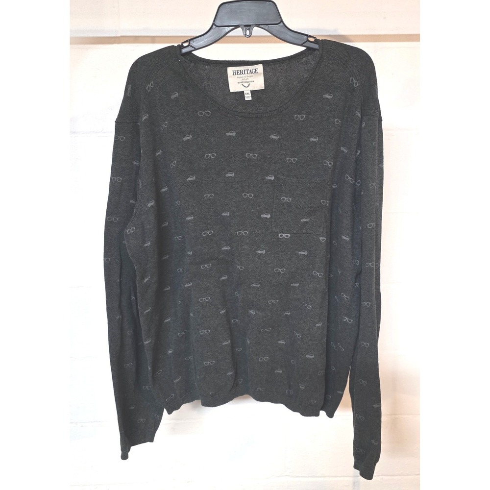 Heritage Report Collection Mens XXL Gray Sweater Cars Glasses Print Cotton Knit